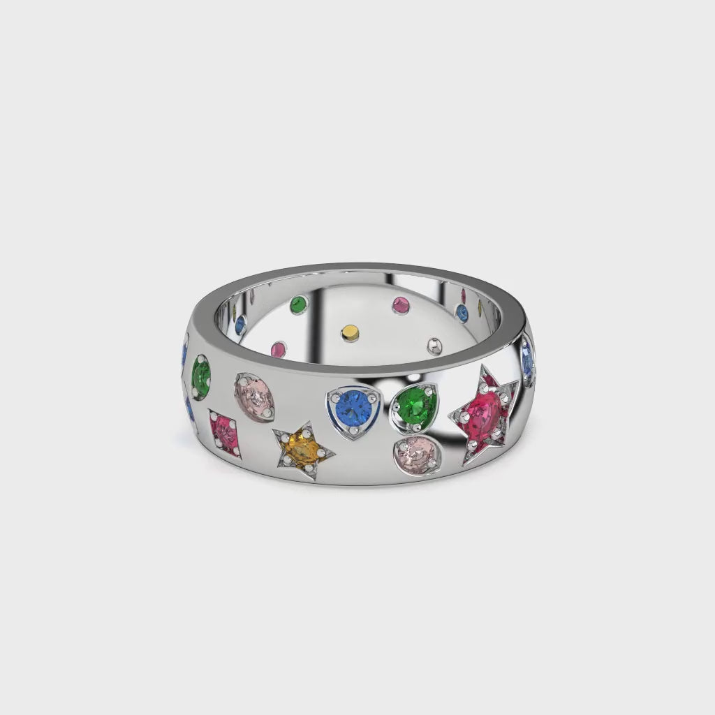 925 Sterling Silver Multicolor Diamond Band Ring Luxury Wide Statement Ring Handmade Silver Jewelry Gift For Her Him