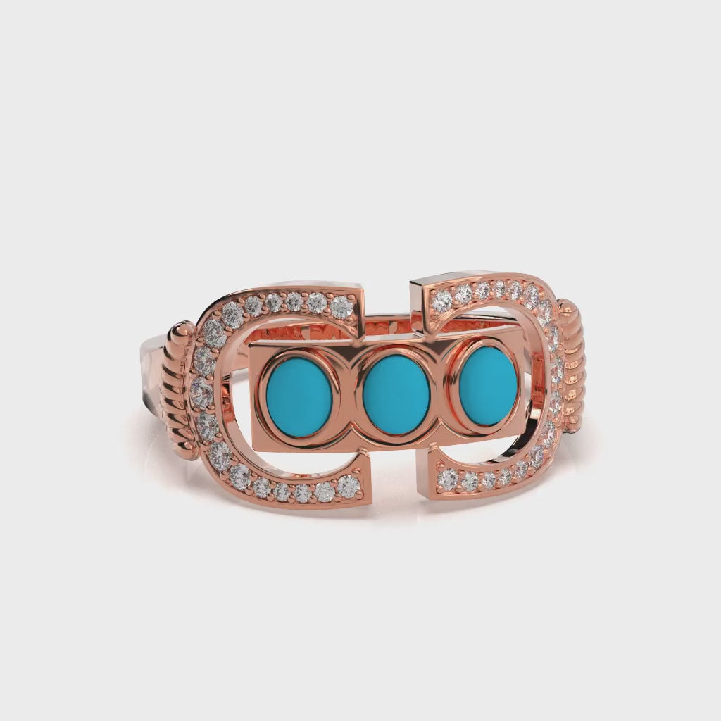 Rose Gold Turquoise Opal Ring | 925 Sterling Silver Diamond Statement Band