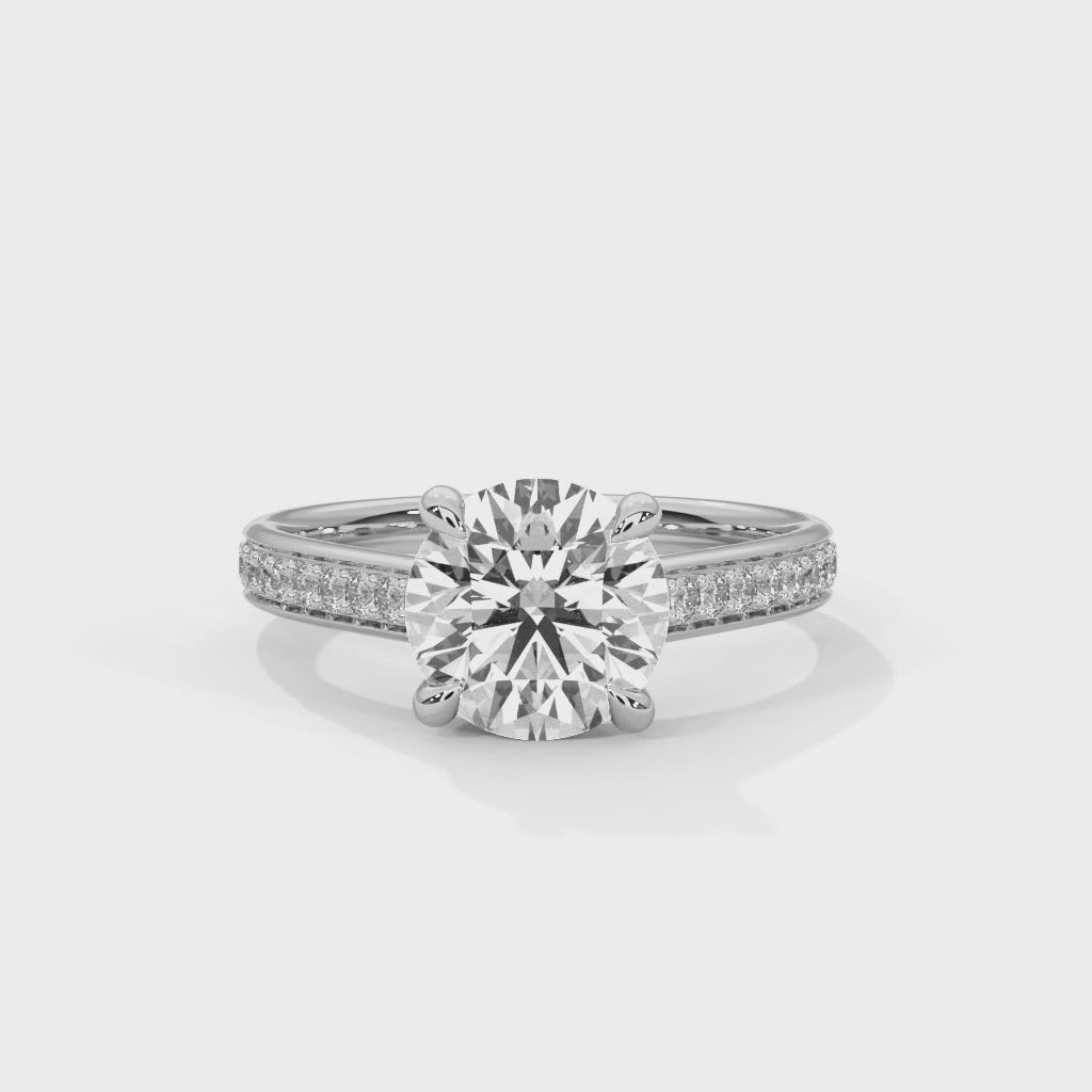 Round Cut Diamond Engagement Ring in White Gold – Pavé Diamond Band Ring – Classic Round Solitaire Diamond Ring – Elegant Diamond Proposal Ring