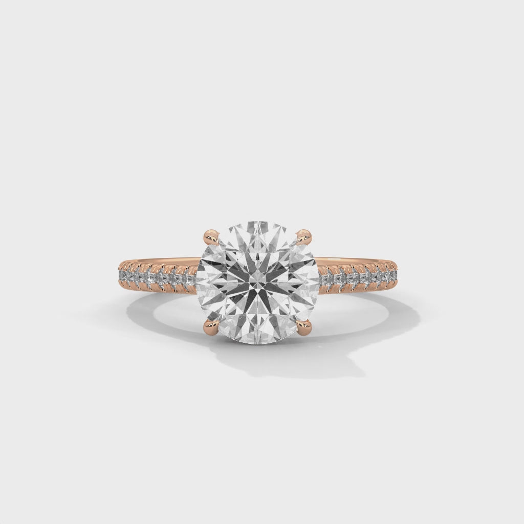 Round Diamond Pavé Engagement Ring in Rose Gold – Round Brilliant Solitaire Ring – Diamond Accent Engagement Ring – Classic Proposal Ring
