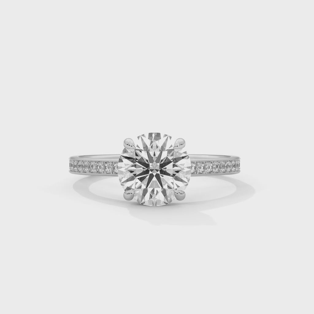 Round Brilliant Diamond Pavé Engagement Ring in White Gold – 1.50 Carat Round Solitaire with Diamond Band