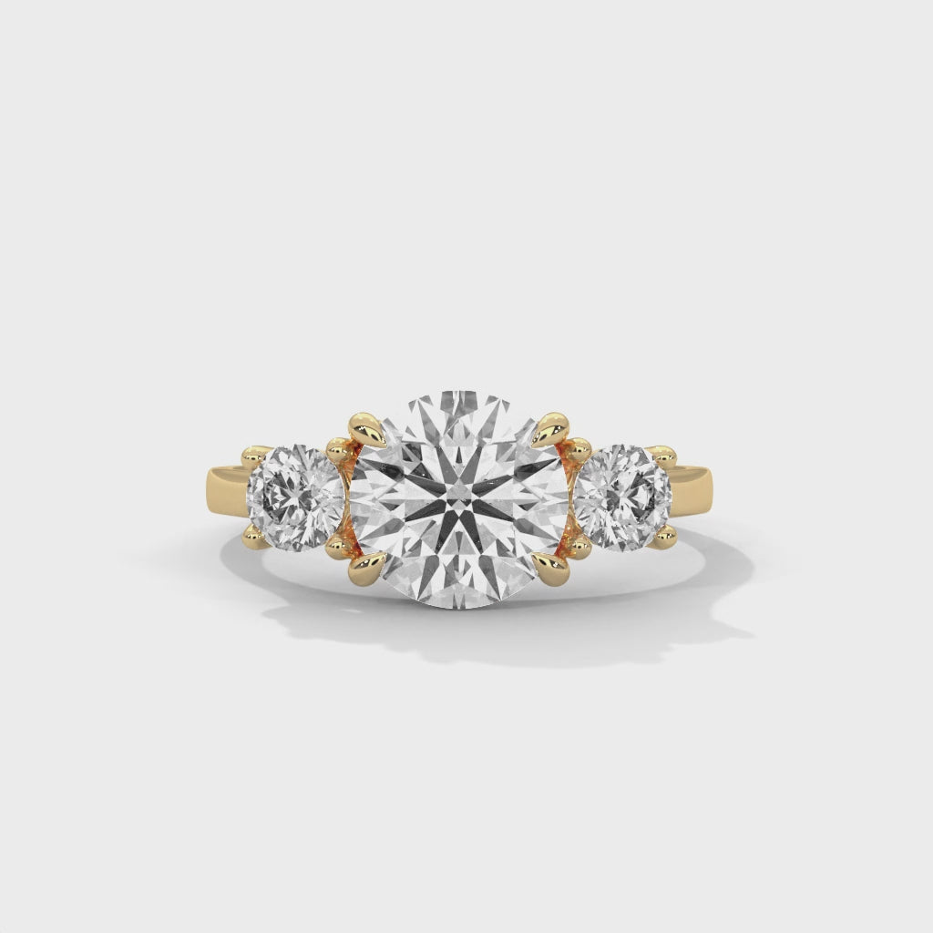 Three Stone Round Diamond Engagement Ring in Gold – Classic Trilogy Diamond Ring with Side Stones