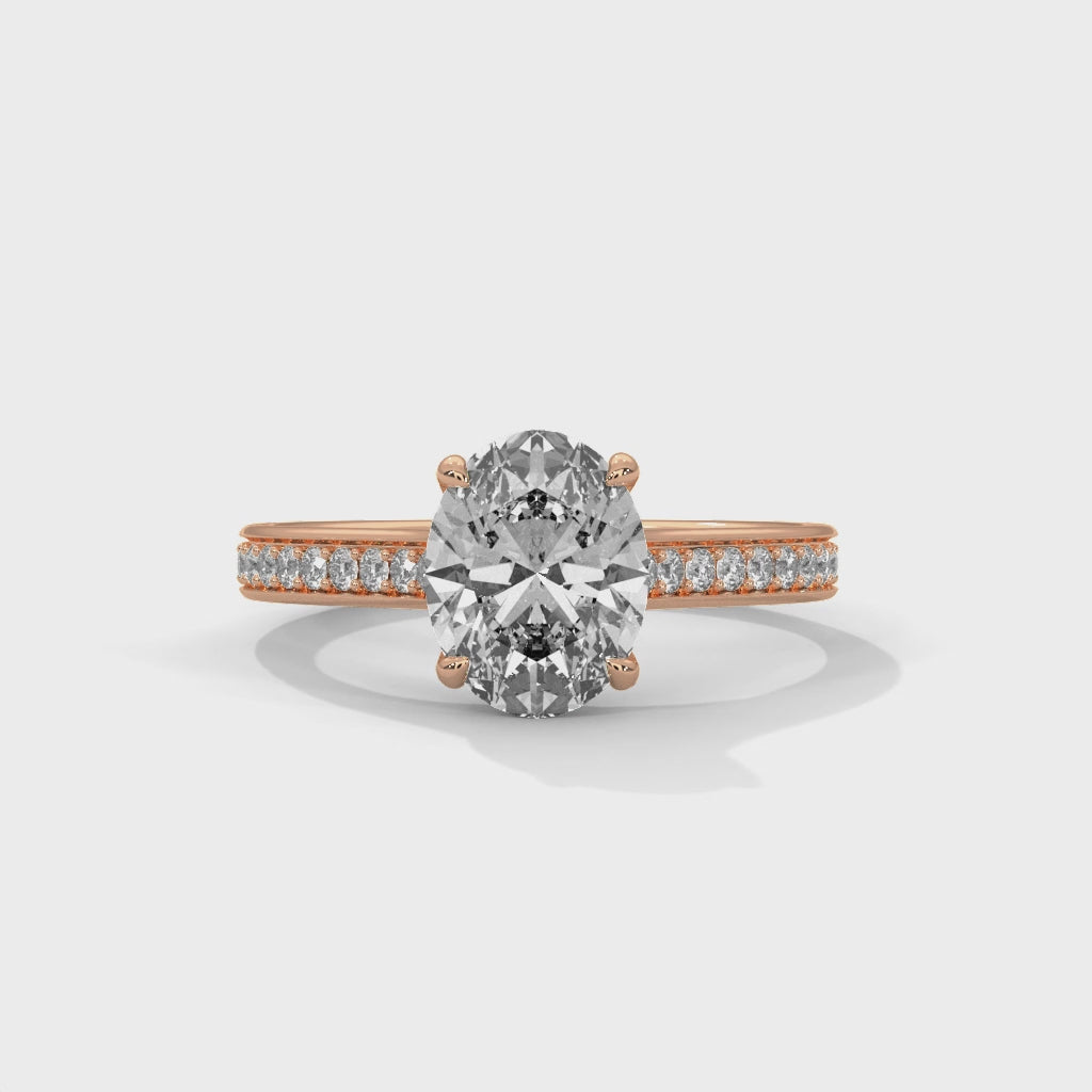 Oval Diamond Pavé Engagement Ring in Rose Gold – Oval Cut Diamond Solitaire Ring – Diamond Accent Engagement Ring – Elegant Proposal Ring