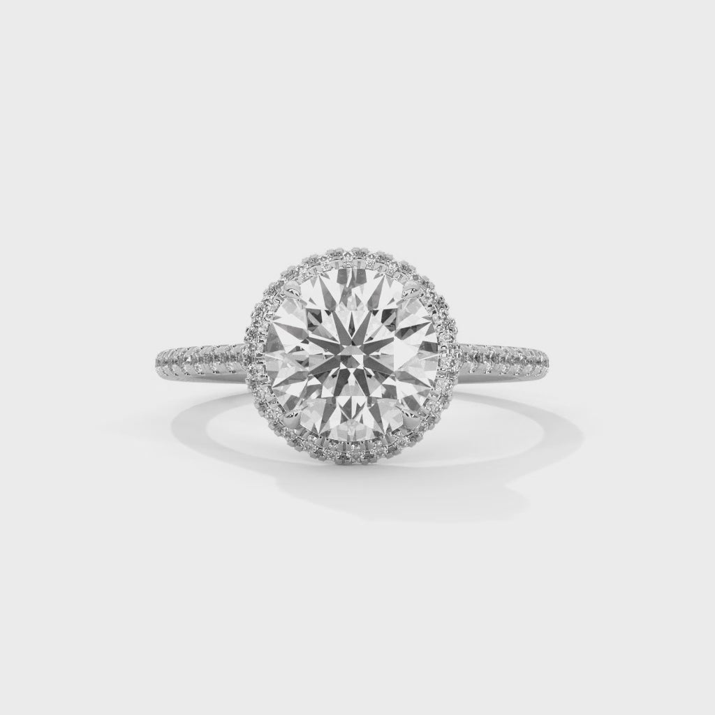 Round Halo Diamond Engagement Ring in White Gold – 2 Carat Round Brilliant with Pavé Diamond Band