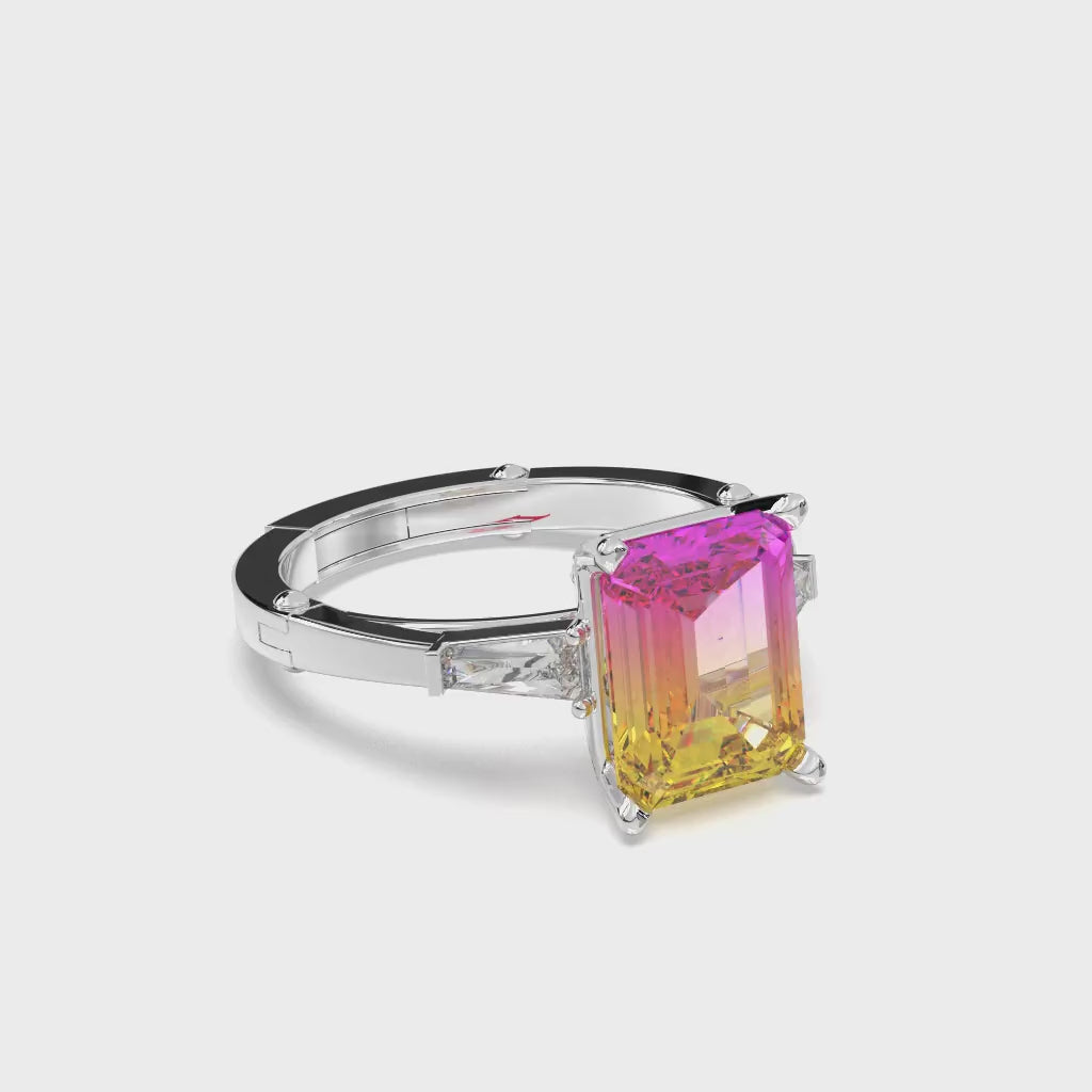 Emerald Cut Rainbow Gemstone Ring | 925 Sterling Silver Adjustable Band