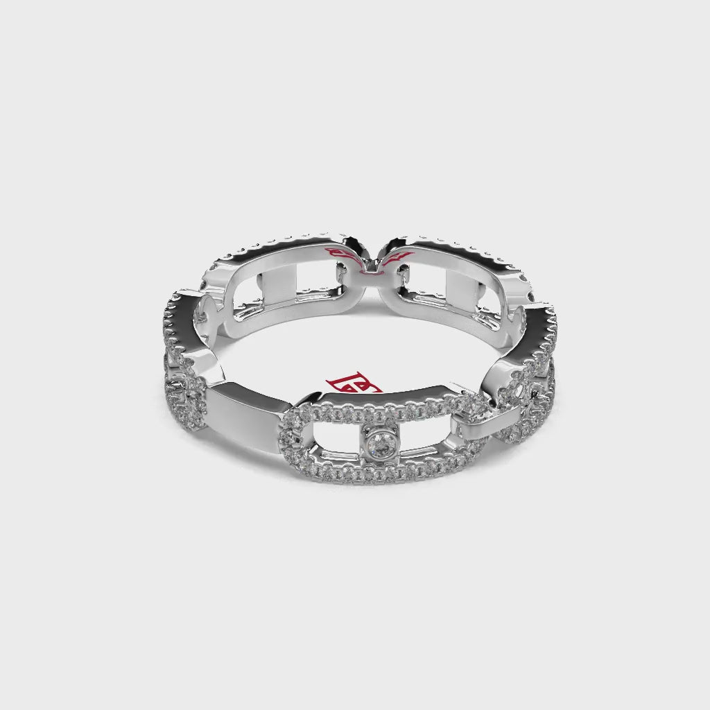 Luxury Silver Diamond Link Ring | White Diamond Chain Band Ring | 925 Sterling Silver Statement Ring | Modern Designer Eternity Ring
