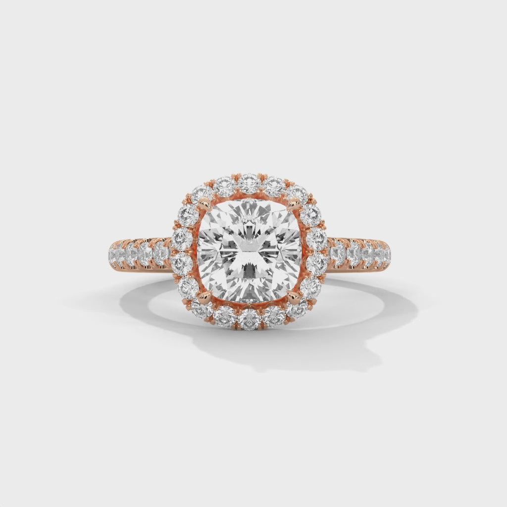 Cushion Cut Diamond Halo Engagement Ring in Rose Gold – Cushion Halo Diamond Ring – Cushion Cut Proposal Ring – Pavé Diamond Bridal Engagement Ring