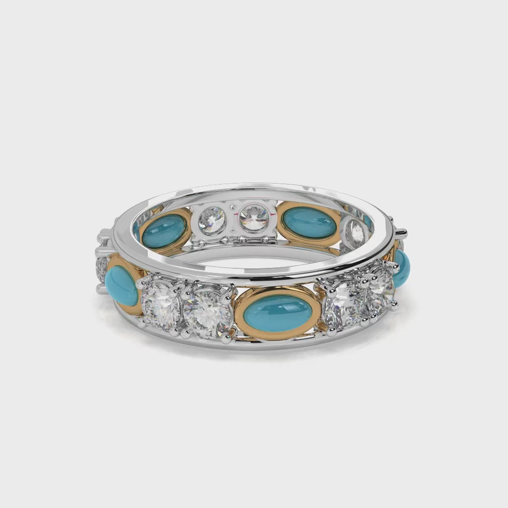 925 Sterling Silver Turquoise & Diamond Band Ring Luxury Bezel Set Statement Ring