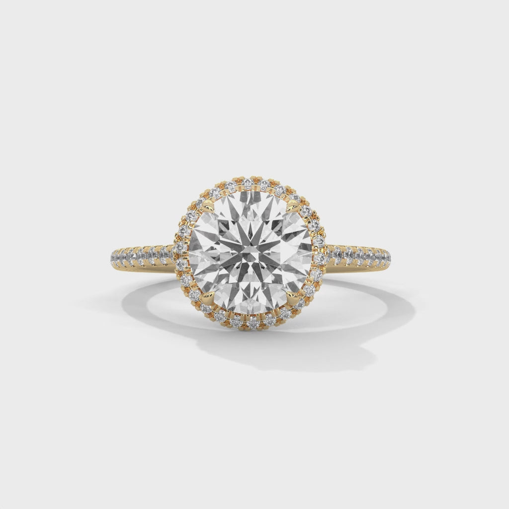 Round Halo Diamond Engagement Ring in Yellow Gold – 2 Carat Round Brilliant with Pavé Diamond Band