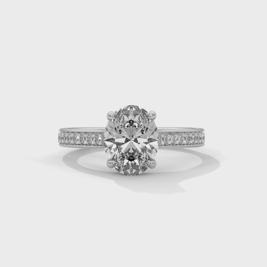 Oval Diamond Pavé Engagement Ring in White Gold – Oval Cut Diamond Solitaire Ring – Diamond Accent Engagement Ring – Elegant Proposal Ring