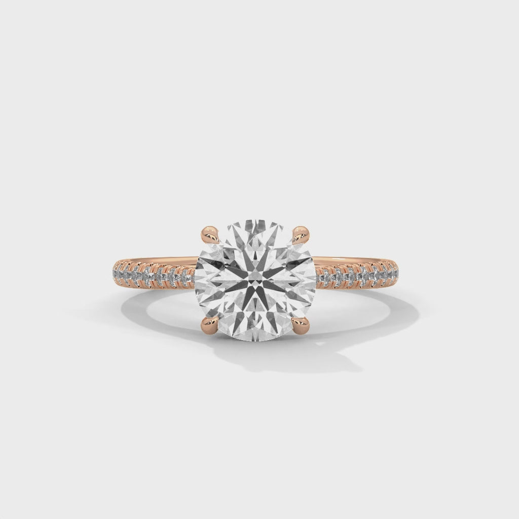 Round Diamond Pavé Engagement Ring in Rose Gold – Classic Round Brilliant Diamond Ring with Pavé Band