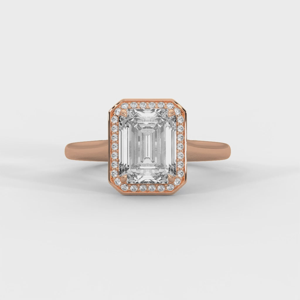 Emerald Cut Diamond Halo Engagement Ring in Rose Gold – Emerald Cut Solitaire Halo Ring – Vintage Inspired Diamond Engagement Ring – Luxury Proposal Ring