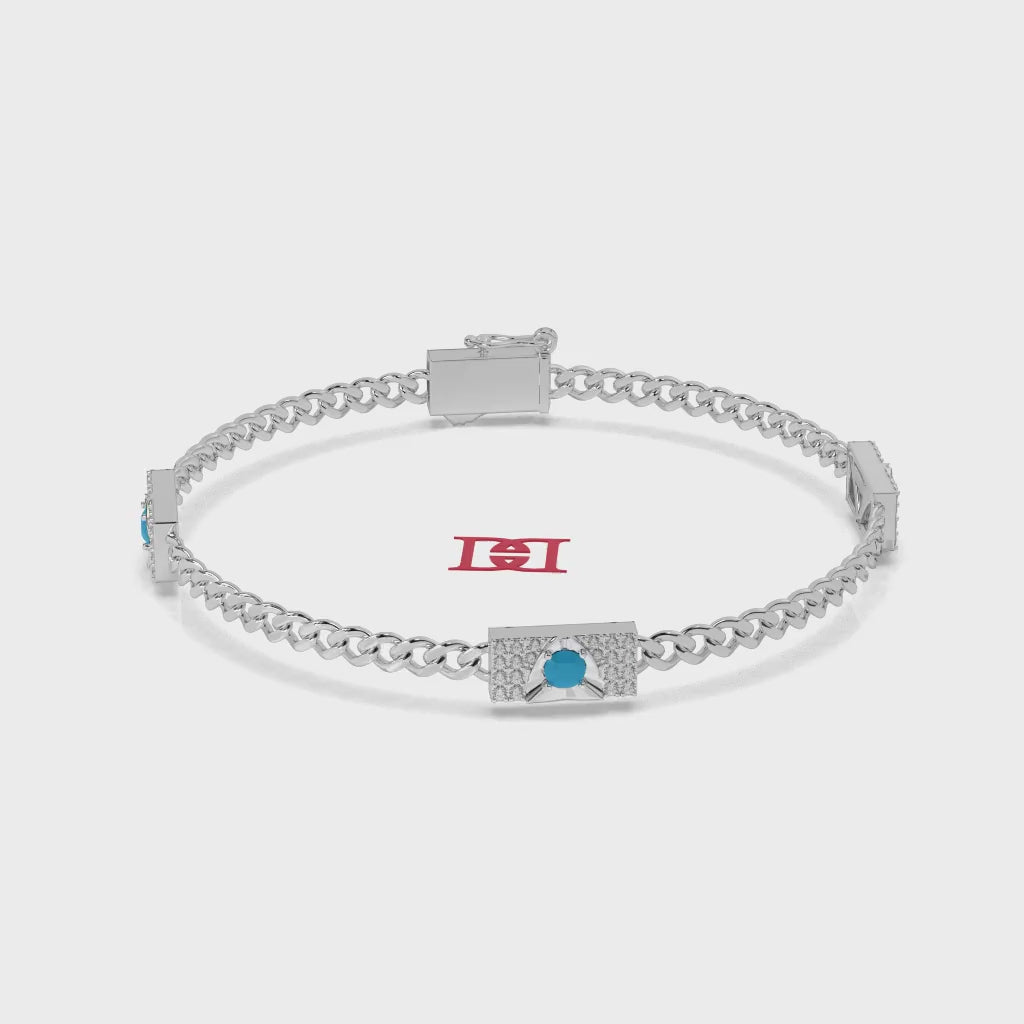 Sterling Silver Turquoise Chain Bracelet, White Diamond Accent