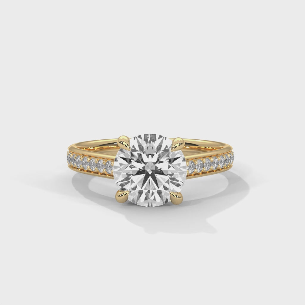 Round Cut Diamond Engagement Ring in Yellow Gold – Pavé Diamond Band Ring – Classic Round Solitaire Diamond Ring – Elegant Diamond Proposal Ring