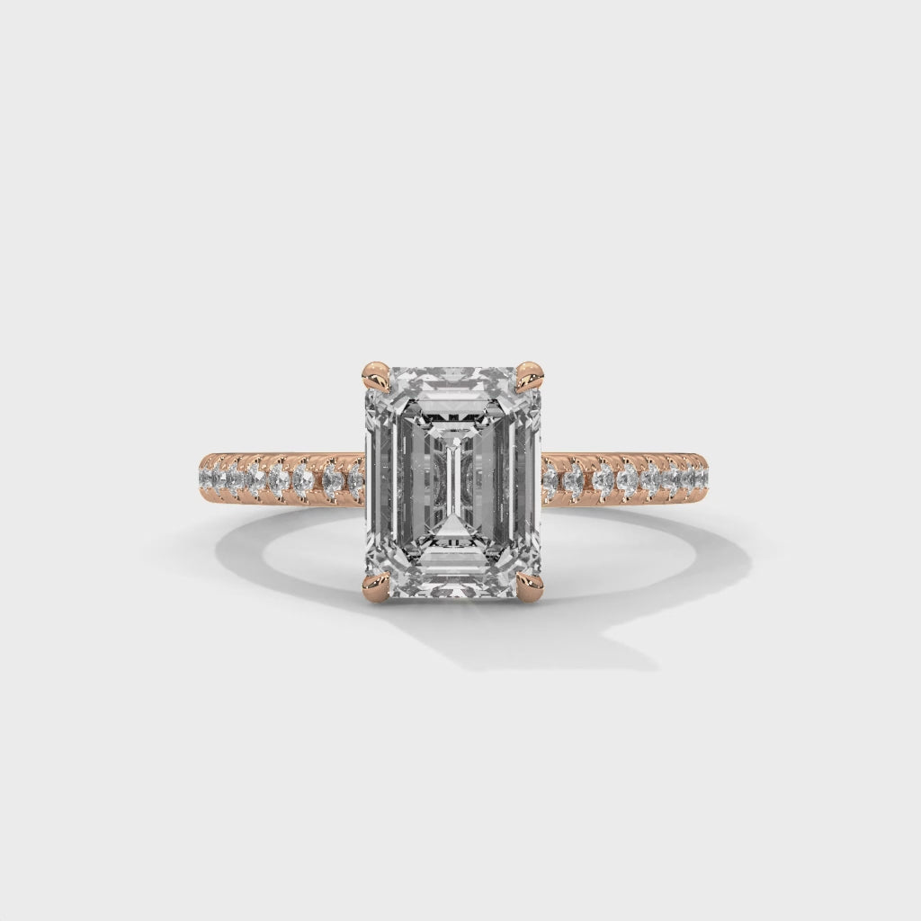 Emerald Cut Diamond Engagement Ring in Rose Gold – Pavé Diamond Band Ring – Classic Emerald Cut Proposal Ring